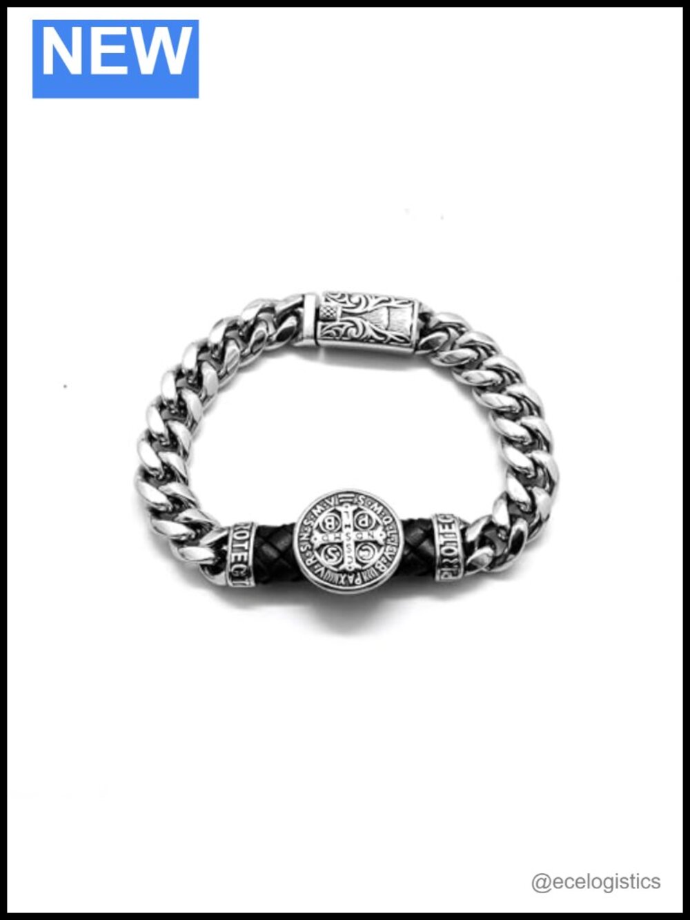 Stainless Steel St Benedict Exorcism Bracelet Cuff 8.5 in Religious Gift for Men
